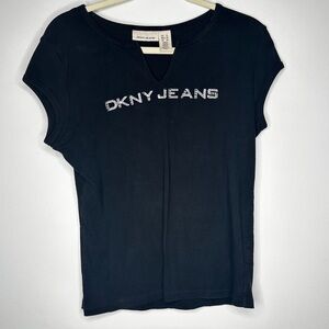 DKNY Jeans Black Embellished Logo Tee - Size XL - Cotton‎ Blend Vintage 90s/00s